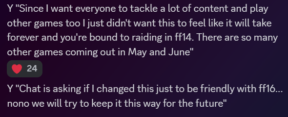 Xepla's tweet photo. in the LL yesterday Yoshi-P said repeatedly that he'd like us to play other games, and not only FF14. he said that's why they're doing things like reducing costs for raid gear (which is great ofc)

he said its NOT just to encourage us to play FF16... i dont 100% believe that lol https://t.co/iOlGgWhIl4