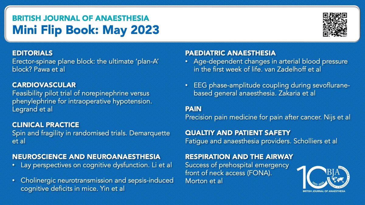 BJAJournals's tweet image. Check out the new BJA #miniflipbook with all of the FREE content from the May issue. 

Articles on: #ESPblock #hypotension #cognitivedysfunction #sepsis #paediatrics #EEG #cancerpain #fatigue #FONA

bja130-5.elsevierdigitaledition.com