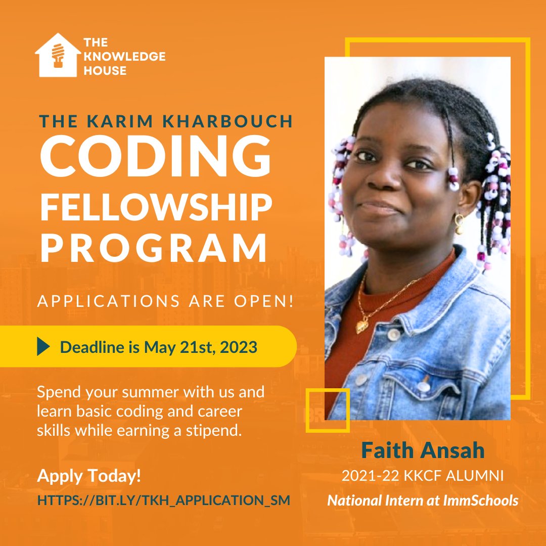 TheKnowledgeHou's tweet photo. Applications are open for #KarimKharbouch Fellowship! You must be currently enrolled in #highschool. You must be living in #NY, #LA, #Newark, or #ATL.
The program is FREE! Deadline is May 21st, 2023.
Apply today! https://t.co/9mjyH7Gbab
#TechProgram #Coding #LA #KnowledgePays https://t.co/Udm4c9BFv5