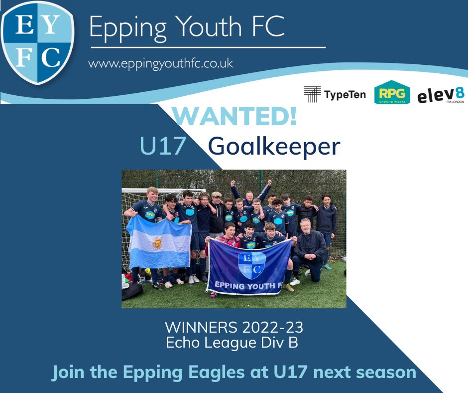 Our Echo Div B winners - Epping Eagles - are looking for a new goalkeeper at U17 next season! It’s a great opportunity to join a hardworking squad with a supportive coaching team. We train on Monday eve &amp; Saturdays &amp; play on Sundays. Get in touch for more info on 07887618300 🦅