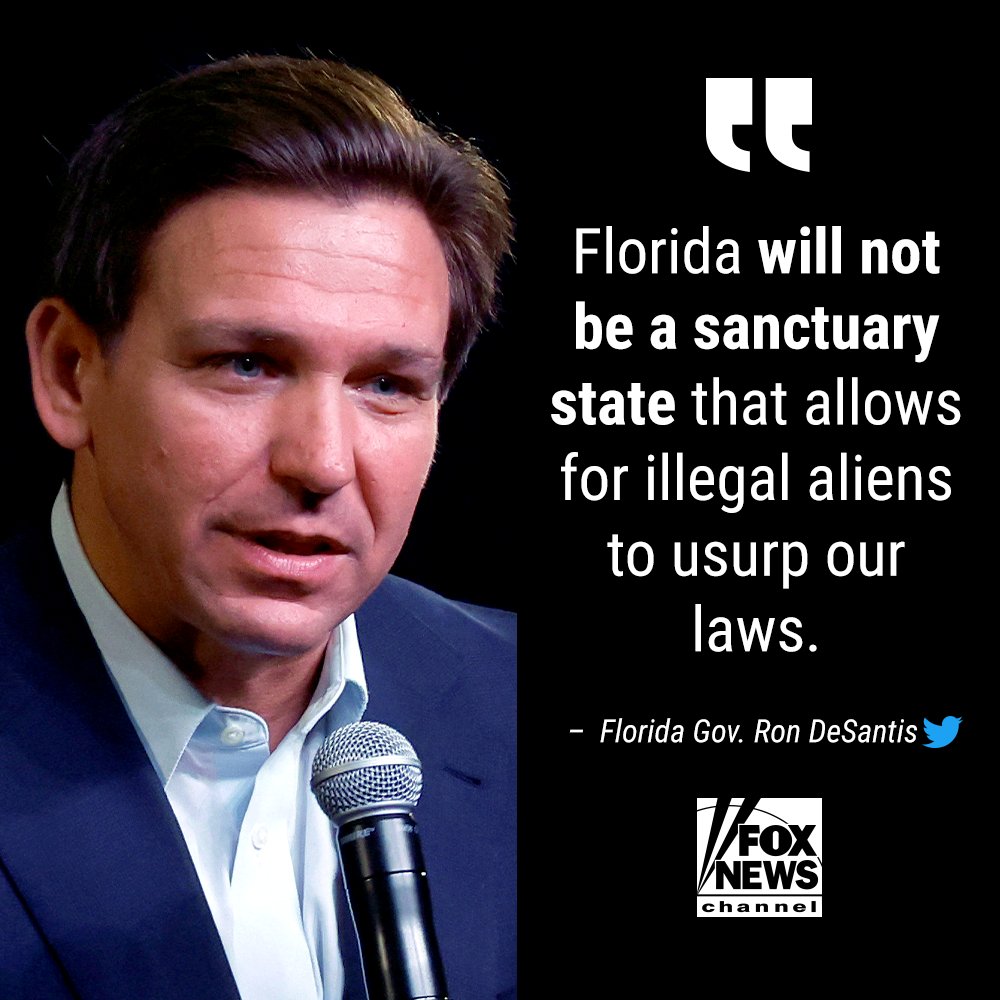 FoxNews's tweet photo. RAMIFICATIONS: Florida @GovRonDeSantis says IDs issued by sanctuary jurisdictions "will be invalidated" in the Sunshine State and using a fake ID to obtain employment will be treated as a felony. https://t.co/oaidLimoax