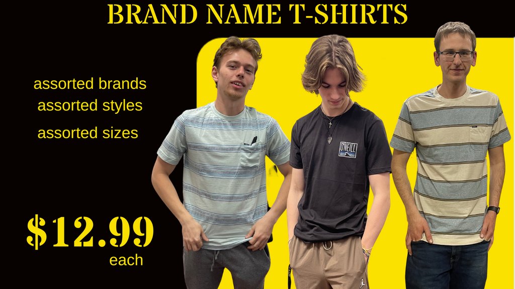 CambSurplus's tweet image. Check out our collection of brand name t-shirts! We've got a variety of designs and sizes to choose from, all for just $12.99 each. Don't miss out on this amazing deal! #brandnametshirts #assorteddesigns #assortedsizes #affordablefashion