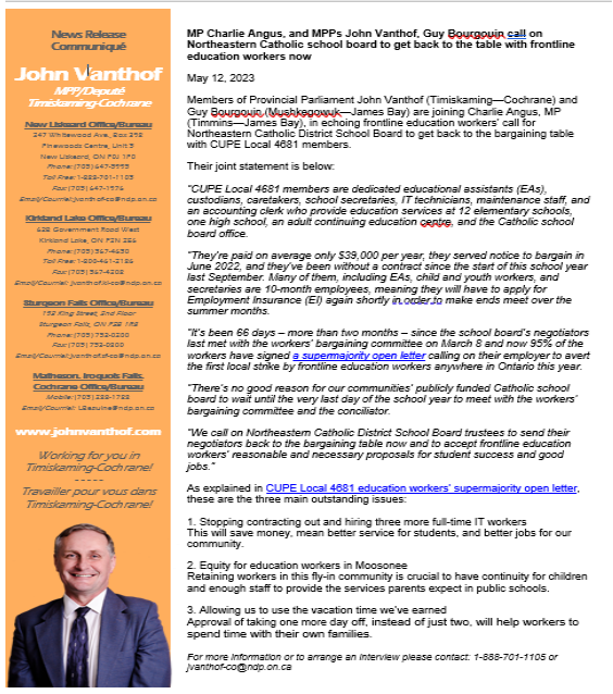 These education workers deserve fair bargaining. See my joint statement below with Charlie Angus and Guy Bourgouin. #fairbargaining #CUPE #onpoli #educationworkers