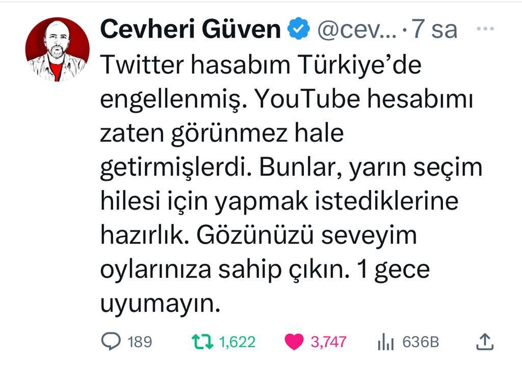 DavutNecmi's tweet photo. Cevheri Güven DİYOR Kİ;

"Twitter hasabım Türkiye’de engellenmiş. YouTube hesabımı zaten görünmez hale getirmişlerdi. Bunlar, yarın seçim hilesi için yapmak istediklerine hazırlık. Gözünüzü seveyim oylarınıza sahip çıkın. 1 gece uyumayın." https://t.co/N0ovTsOkgy