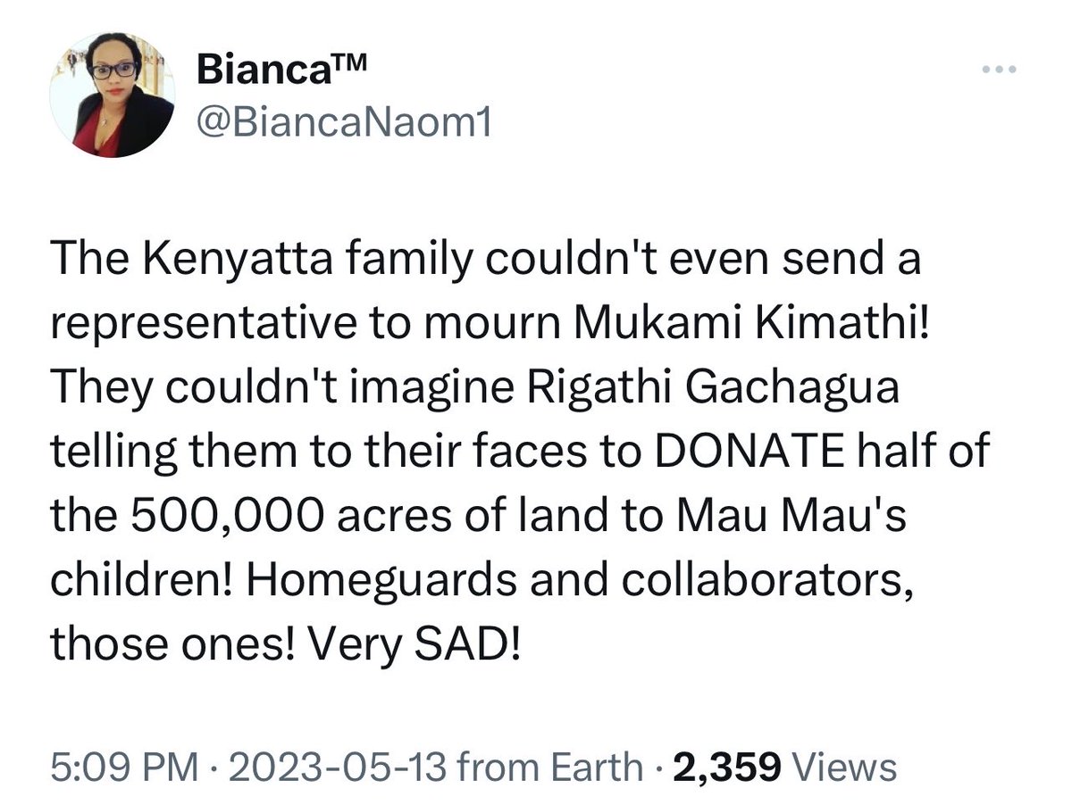 Message:

The Kenyatta family is the WORST LAND-GRABBING Mafia in Africa.

Kenyatta was a British colonial collaborator whom they cleverly branded as “Mau Mau” so that they could impose him as Prime Minister of Kenya.

Kenyatta MURDERED Mau Mau veterans and grabbed their land.