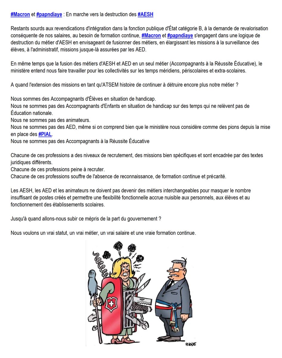 #Macron et #papndiaye : En marche vers la destruction des #AESH   Jusqu'à quand allons-nous subir ce mépris de la part du #gouvernement ? Nous voulons un vrai statut, un vrai métier, un vrai salaire et une vraie formation continue. #AED #inclusion #handicap #école #college #lycée