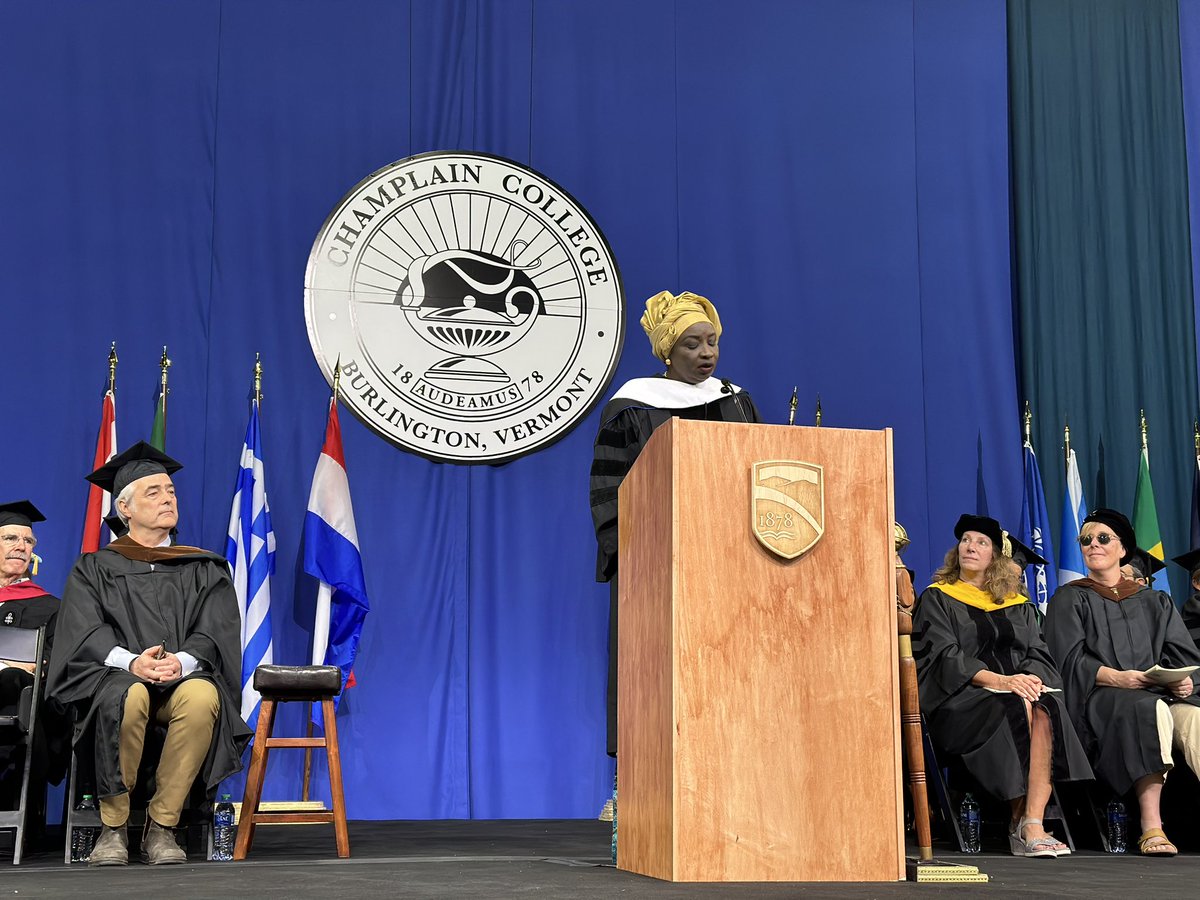 ChamplainEdu's tweet photo. Senegalese politician and human rights activist Dr. Aminata Touré, #ChamplainCollege honorary degree recipient and on-campus Commencement ceremony speaker. Thank you for being here, sharing your story, and inspiring us all! #ChampGrad https://t.co/G0SIUIgXzd