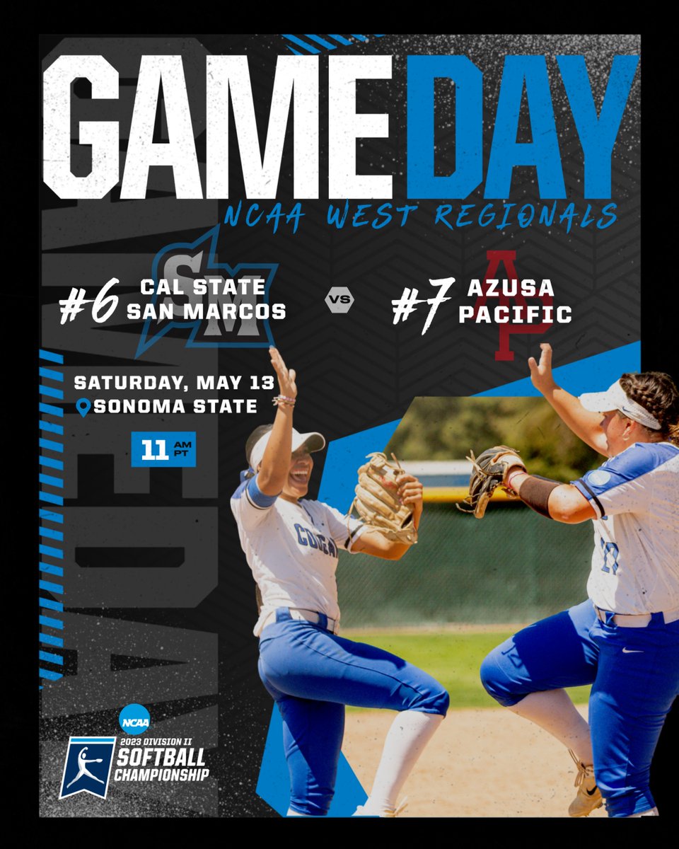 IT'S CHAMPIONSHIP DAY!! CSUSM faces Azusa Pacific in the West Region Championship Game TODAY in Rohnert Park. First pitch is at 11 a.m. 
#BleedBlue