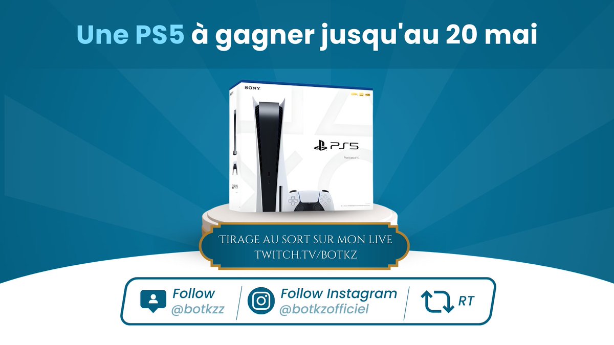 botkzz's tweet photo. DERNIER CONCOURS DU MOIS ! 🚨

🎁 Giveaway d'une Playstation 5 pour bien geeker cet été

Pour remporter la PS5: 

🔁RT &amp; Like ce tweet 

⚡️ Follow  @botkzz &amp; botkzofficiel sur instagram
 
TAS : 20/05 en live sur ma chaîne Twitch 🟪"BotKZ" https://t.co/4ifKUpuij3