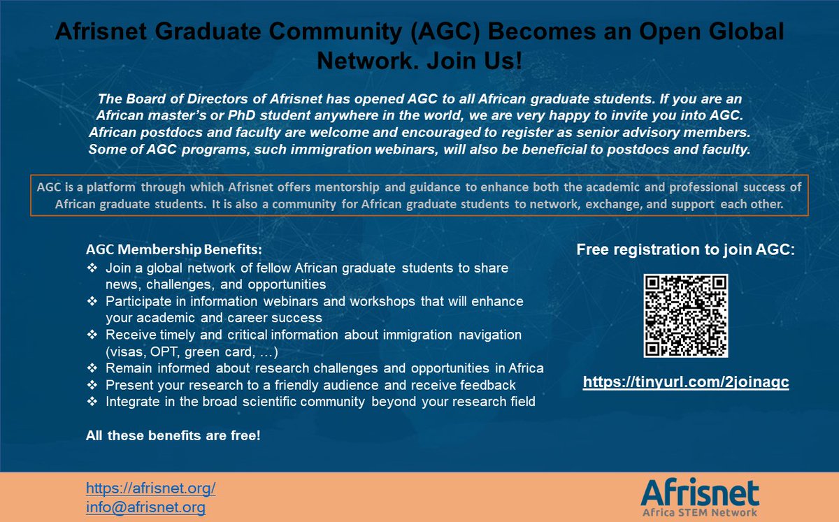 Please RT! We are excited! A global community of African graduate students to learn, network, exchange, and support each other to enhance their academic and career success. Postdocs and faculty can join as advisory members. Register here: tinyurl.com/2joinagc
