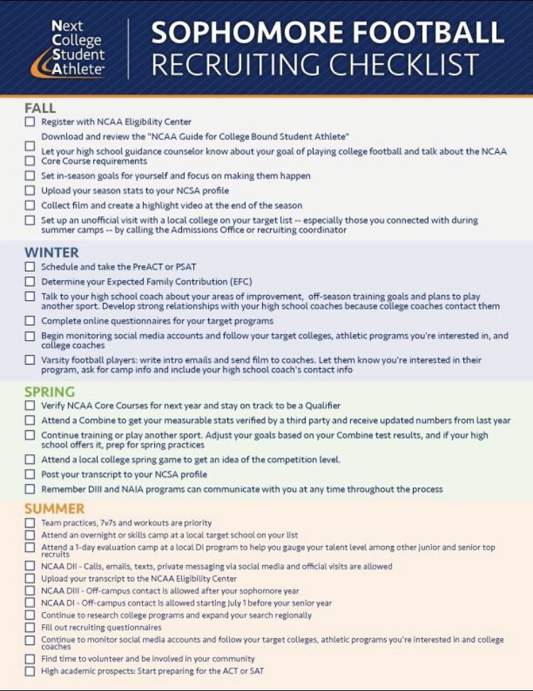 DWCInfo's tweet photo. HS Football Recruiting Checklists

via @ncsa 
#Student1stAthlete2nd https://t.co/NHVXZlfxLl