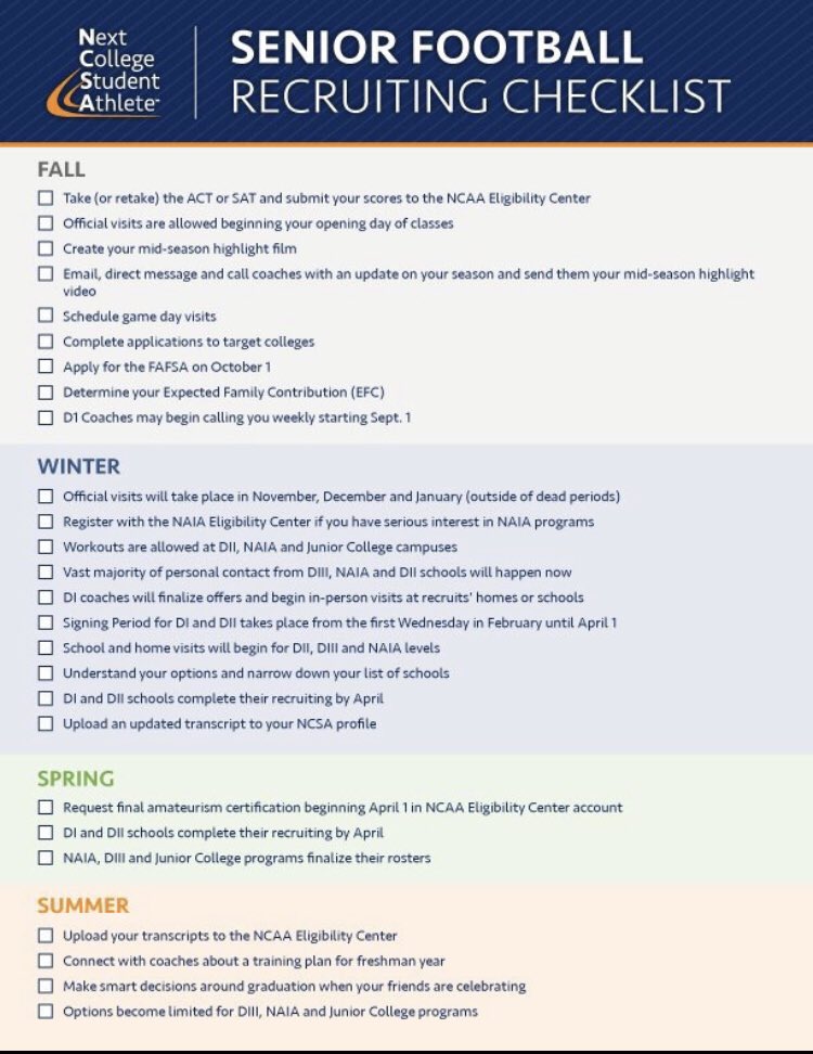 DWCInfo's tweet photo. HS Football Recruiting Checklists

via @ncsa 
#Student1stAthlete2nd https://t.co/NHVXZlfxLl