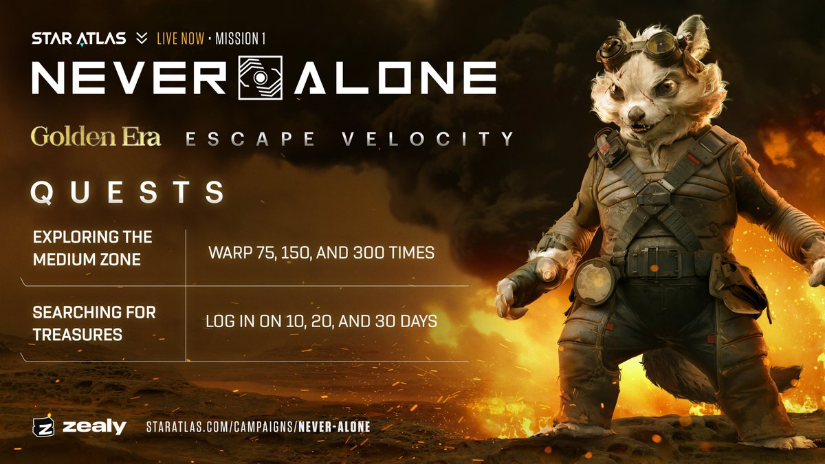 staratlas's tweet photo. The very first SAGE: Escape Velocity Surge Event is LIVE! 

⏰ NOW → Monday, May 15 @ 12pm EST
📍https://t.co/k2lm27FW1d
 
The chances of coming across Silver Loot are 5x higher, while the chances of encountering Gold Loot 15x higher!

Enjoy the Surge Event to fulfill some Never Alone quests:
👁 Exploring the Medium Zone 
🏆 Searching for Treasures
📍https://t.co/EMfdJA8drk  

#PlayEscapeVelocity #SANeverAlone #SAMission1
