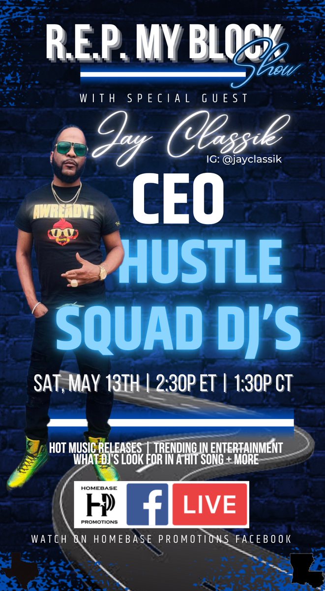 homebasepromo's tweet photo. Today on R.E.P. My Block Show we will have special guest, Jay Classik, CEO of Hustle Squad DJ’s. Letting us know what DJ’s look for in a hit song and more. Tune in at 2:30P EST | 1:30P CST. #homebasepromo #repmyblockshow #homebasepromotions #hustlesquaddjs https://t.co/pBwZS4cZO7