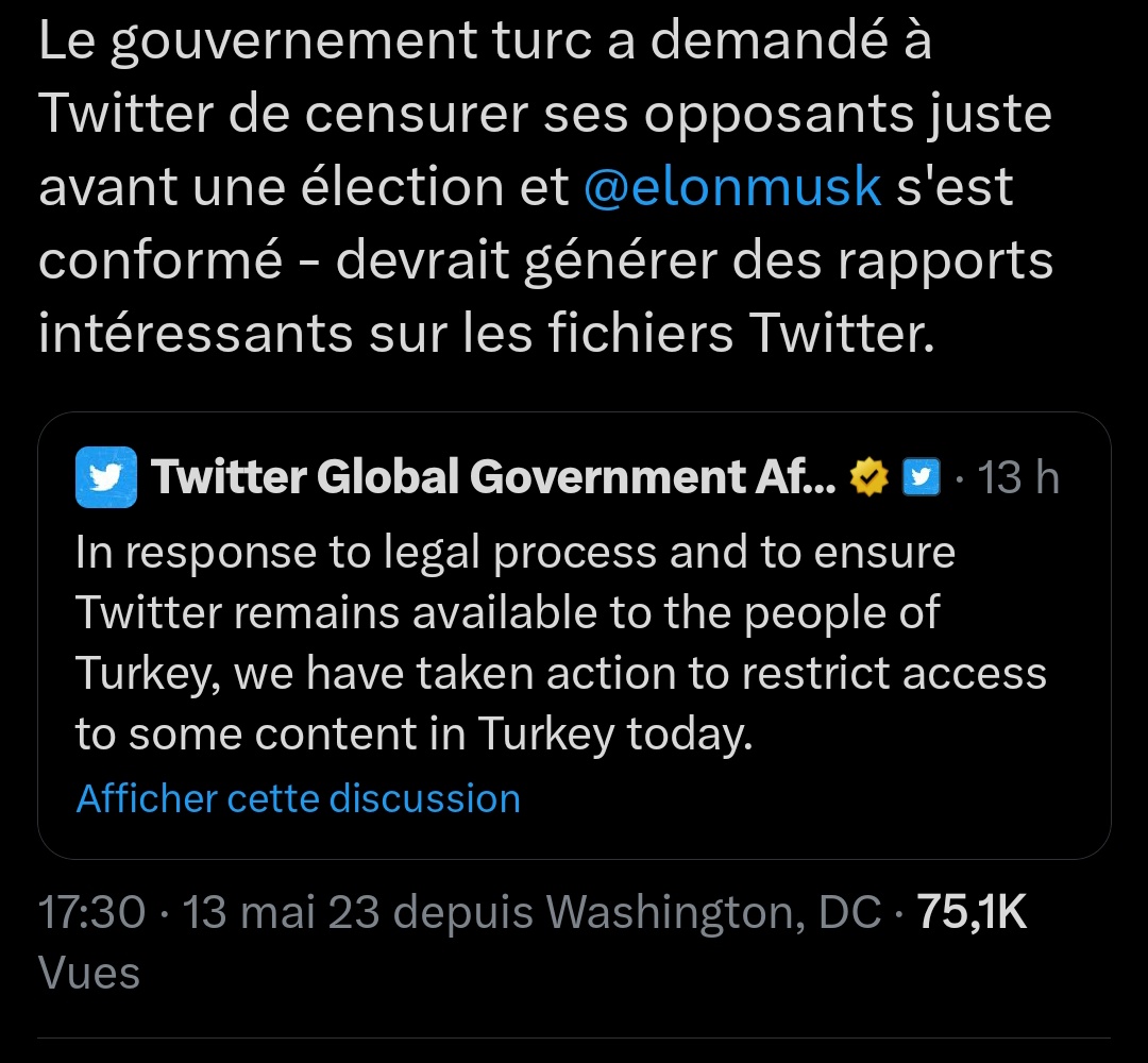 C'était prévisible, #ElonMusk  plie aux gouvernements d' #europe
Pour les élections en #Turquie, censure des opposants.
#EuropeTotalitaire #libertéBafouée #esclavagemoderne #électionsvolées