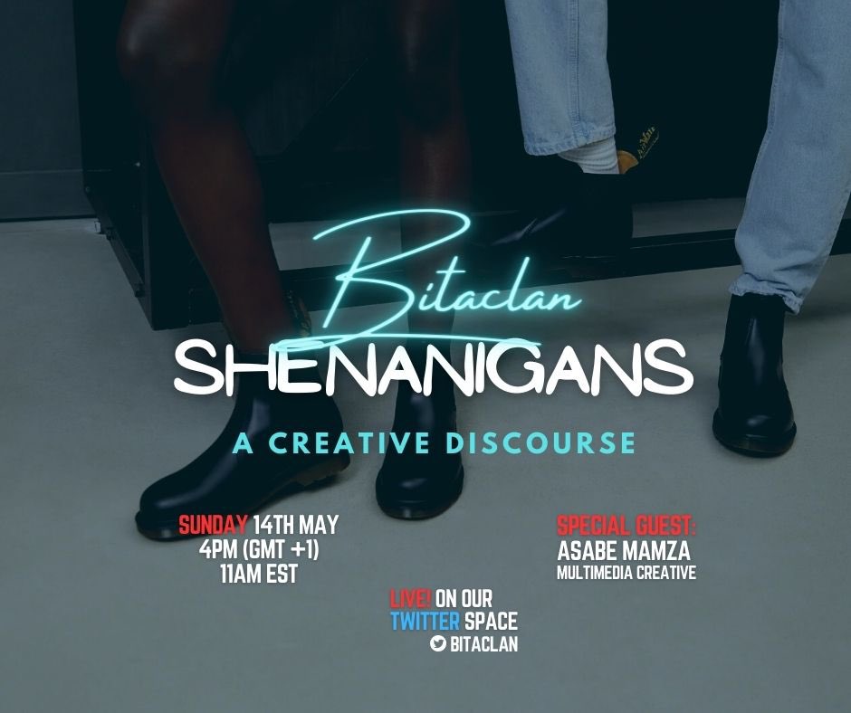 Catch us Live this Sunday! 

On our Shenanigans Twitter space. 
Topic: Creative process Discourse. 

Special guest:  <a href="/asabesoojt/">Abba Asabe Mamza ♥</a> 

Time ⏰: 4pm GMT / 11am Est. 

Don’t miss it! 🤝🏾