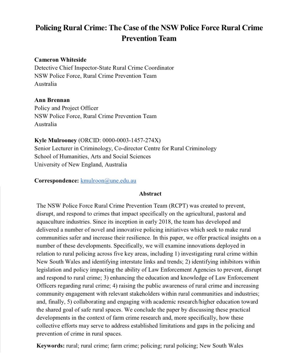IJRuralCrim's tweet photo. #PartIIFeature from our #SpecialIssue on #RuralPolicing
Whiteside, Brennan, & @CriminologyGuy discuss the history and innovation of the @nswpolice Rural Crime Prevention Team in this policy & practice #NoteFromTheField.
Read more here: https://t.co/rHTcj5Ole2
#OpenAccess https://t.co/PUTs8gX7Lu