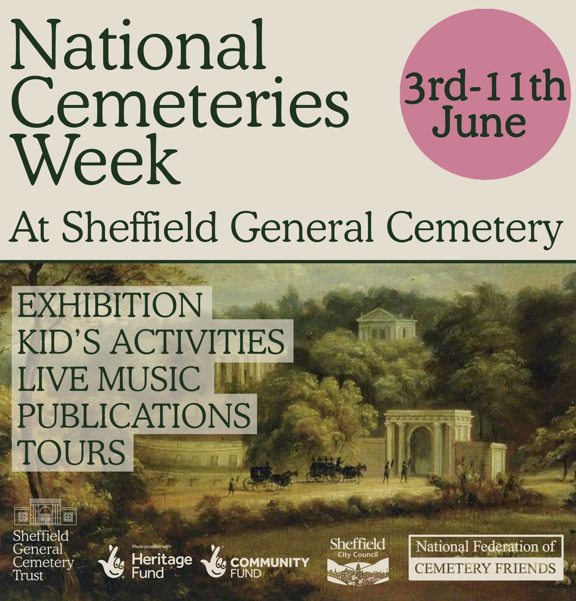 National Cemeteries Week at Sheff Gen Cem 3-11 June. Join us for…

🏛 Sheff Gen Cem THEN &amp; NOW exhibition

🏛 Family workshops 

🏛 Jazz performance

🏛 Nature tour

🏛 Drawing In The Cemetery 

🏛 History Tour + Meet The Authors event

🏛 Kid’s Crafts 

gencem.org/whats-on/