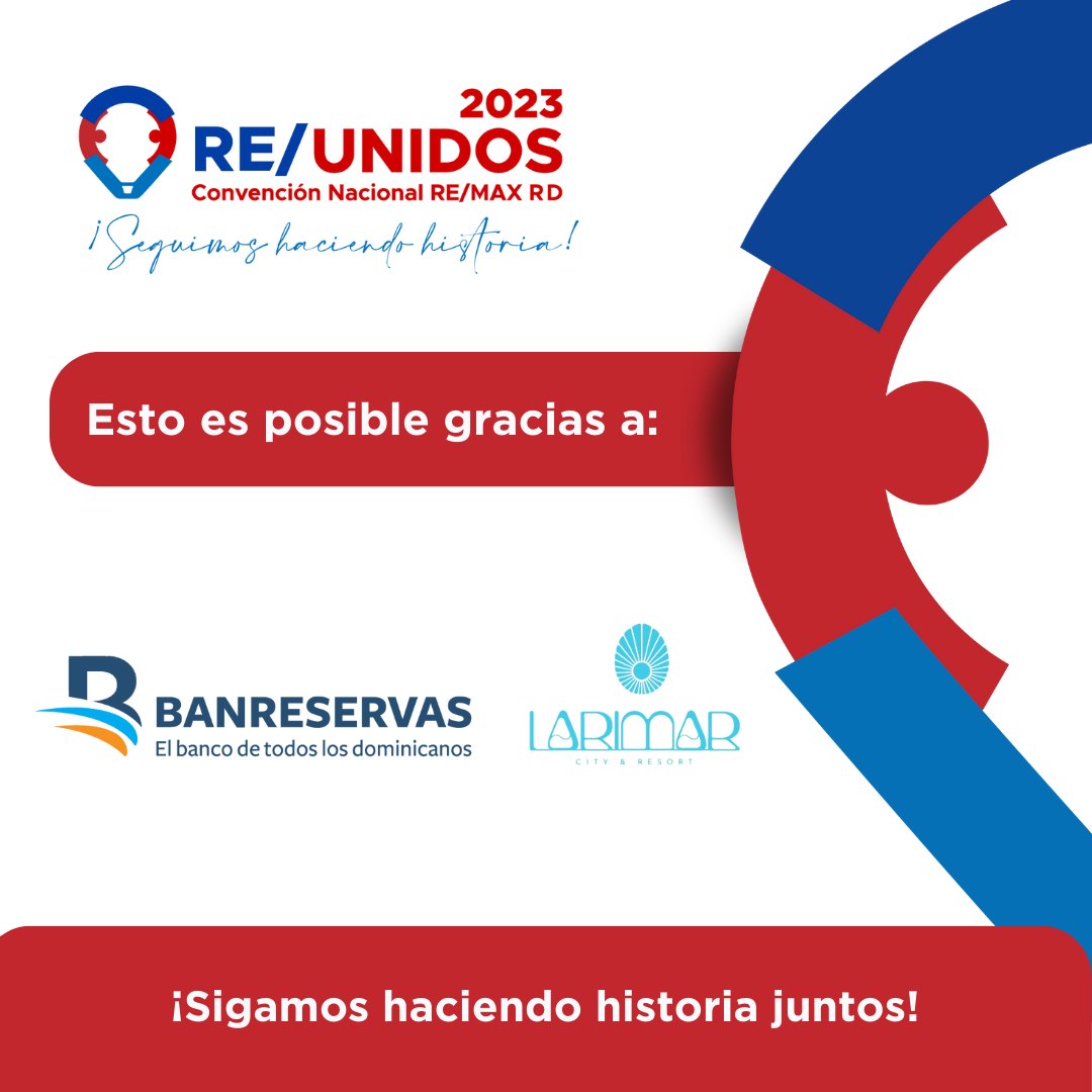 Remax_RD's tweet photo. Extendemos nuestra gratitud por el apoyo recibido por parte de @larimarsdq @banreservasrd 🙌🏼🙌🏼
Patrocinador oficial de nuestra Convención Nacional RE/UNIDOS 2023. 💫
¡Esto es posible gracias a ustedes!
#reunidos2023 #remaxrd #remax @larimarsdq
@banreservasrd https://t.co/SnGpzSg11P