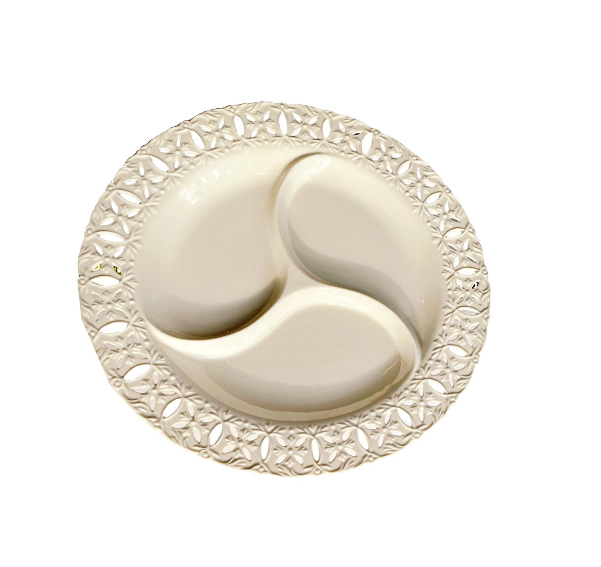 Excited to share the latest addition to my #etsy shop: Ceramic Dish 3 Part Serving Part Round Cutwork Edges Off White Essential Divided Plate For Snacks Nuts etsy.me/3BmYmR9 #housewarming #beige #christmas #white #ceramic #handmadedish #vintagerelishdish #3part