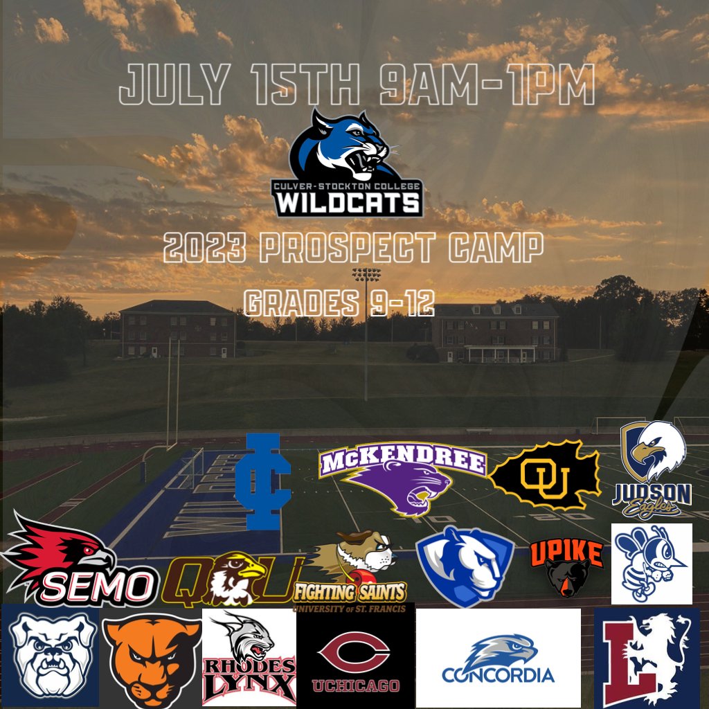 2023 #ShowUpShowOut Prospect Camp

Lots of Reps with lots of 👀 on you.

Schools from every level in attendance (D1, D2, NAIA, D3). Come COMPETE for scholarship dollars on July 15th in Canton, Missouri!  

Cost: $45

Sign Up: myculver.com/ICS/APPLY_NOW/……

#CommitToThePAW 🏈😼🐾🔵⚪️