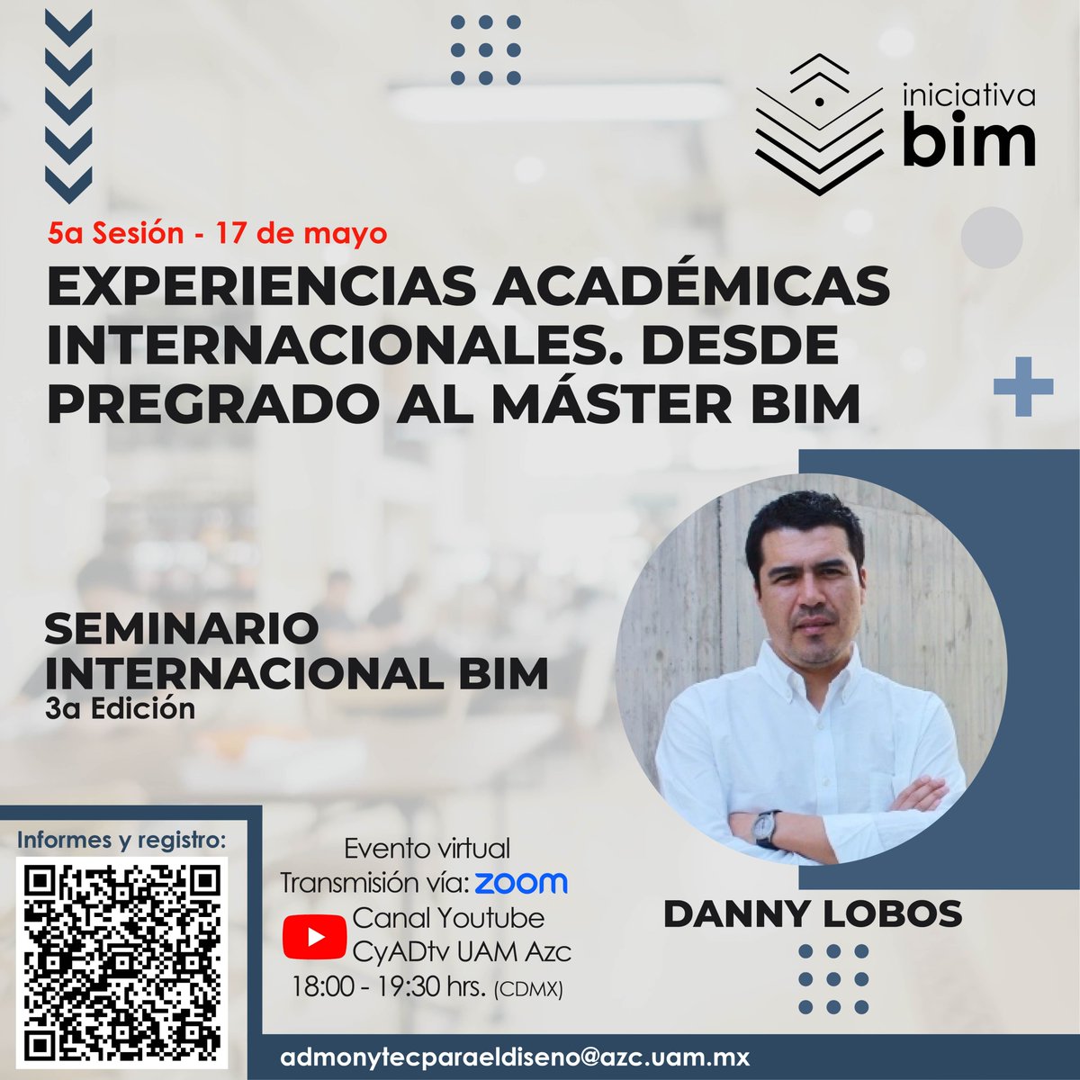 IniciativaBim's tweet photo. El próximo 17 de mayo tenemos el honor y el gusto de recibir en la Sesión 5 de nuestro #SeminarioInternacionalBIM al Dr. Danny Lobos, arquitecto y Director del Master BIM AEC.
Sesión vía ZOOM (Registrate en el QR) y transmisión por CyADtv en YouTube.
#iniciativabim #bimexpert https://t.co/XBVKEpCF7H
