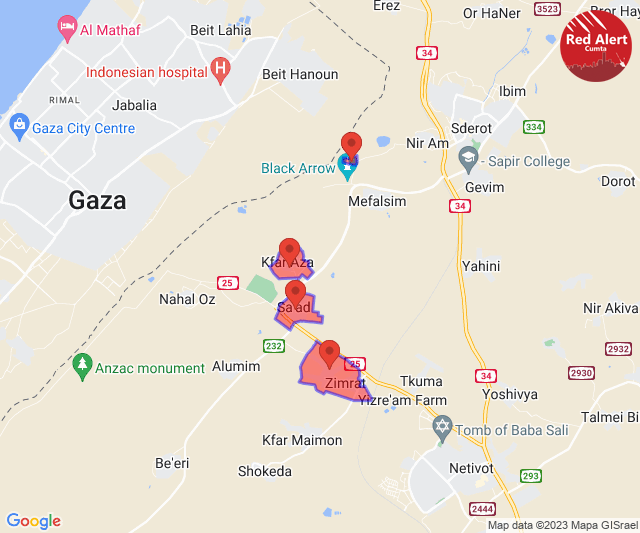CumtaAlertsEng's tweet photo. Red Alert [13/05/2023]:

19:28:
Nir Am Shooting Range, Sa'ad, Kfar Azza, Zimrat, Shuva

Sent via @CumtaAlertsEng https://t.co/StOgLkz2q0