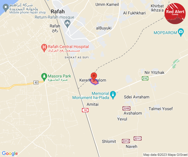 CumtaAlertsEng's tweet photo. Red Alert [13/05/2023]:

19:33:
Kerem Shalom

Sent via @CumtaAlertsEng https://t.co/1syZVd83On