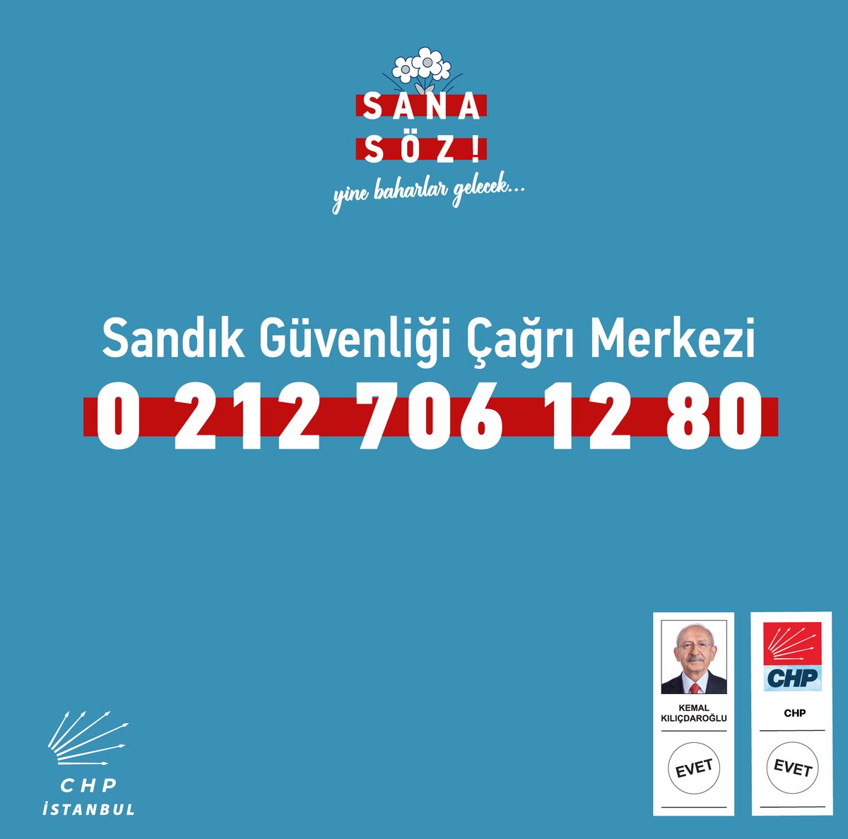 CHP_istanbulil's tweet image. Sevgili yurttaşlarımız; seçim günü karşılaşabileceğiniz olası tüm olumsuzluklarla ilgili 0(212) 706 12 80 numaralı Sandık Güvenliği Çağrı Merkezi Hattımızı arayabilirsiniz. #Haydi #AzKaldı