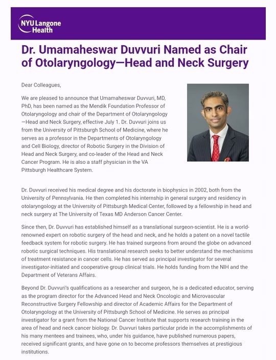 Big news for the Duvvuri-Nance’s. I will serve as Chair of Oto:HNS <a href="/nyugrossman/">NYU Grossman School of Medicine</a> Dr. Nance will serve as Assoc Prof &amp; Chief at VANYHHC &amp; lead some DEI efforts at NYU. We will miss PGH, friends &amp; pts. It has been an honor to serve this wonderful community. <a href="/UPMCnews/">UPMC</a>