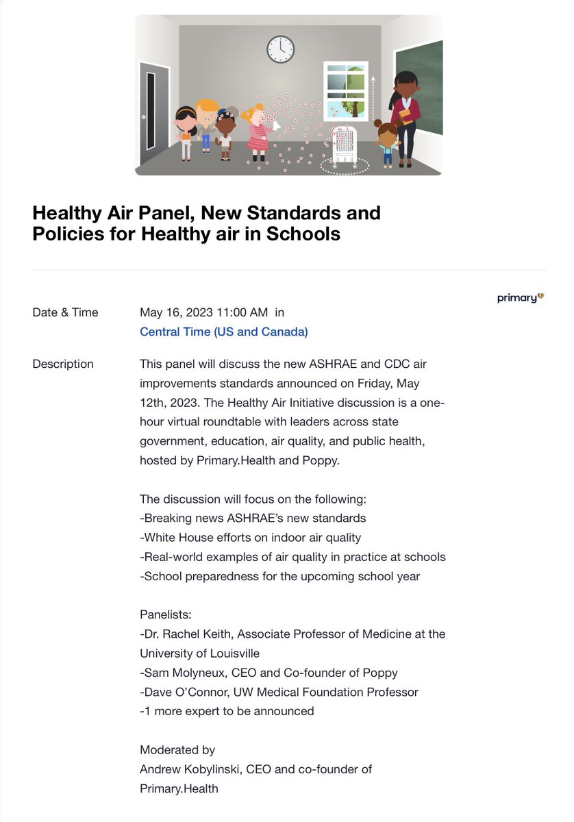 🗣️Tues May 16 at 9am PT/11am CT/12pm ET - @_PrimaryHealth Healthy Air Panel, New Standards & Policies for Healthy Air in Schools! RSVP us02web.zoom.us/webinar/regist… @AndrewK_Primary @CleanAirMoms @CTULocal1 @DanJMontgomery @GKMC18 @BLMChi @ChiUrbanLeague @catlynsavado @IndivChi_South