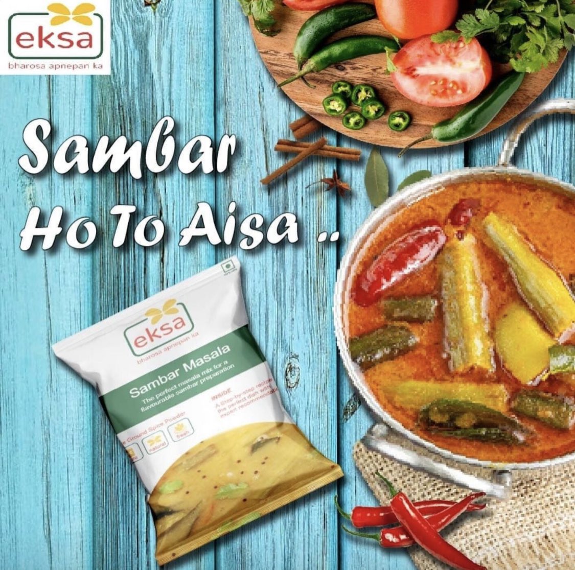 The perfect masala mix for a flavourable Sambar preparation. 

#eksa #eksafoodproducts #eksamasala #bharosaapnepanka #sambar #sambarmasalapowder #sambarmasala #sambarrecipe #veg #vegdishes 
#food #foodie