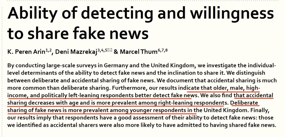 Ability of detecting and willingness to share fake news nature.com/articles/s4159… by <a href="/DeniMazrekaj/">Deni Mazrekaj</a> et al

"...accidental sharing decreases with age &amp; is more prevalent among right-leaning respondents."

"...older, male, high-income, &amp; politically left-leaning respondents better