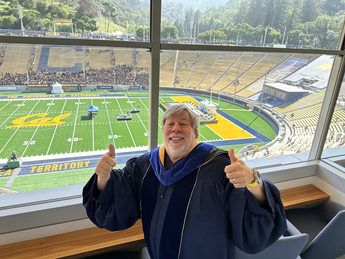 Humor ready for CAL commencement today. Also have Woz signed memorabilia stand in the plaza.