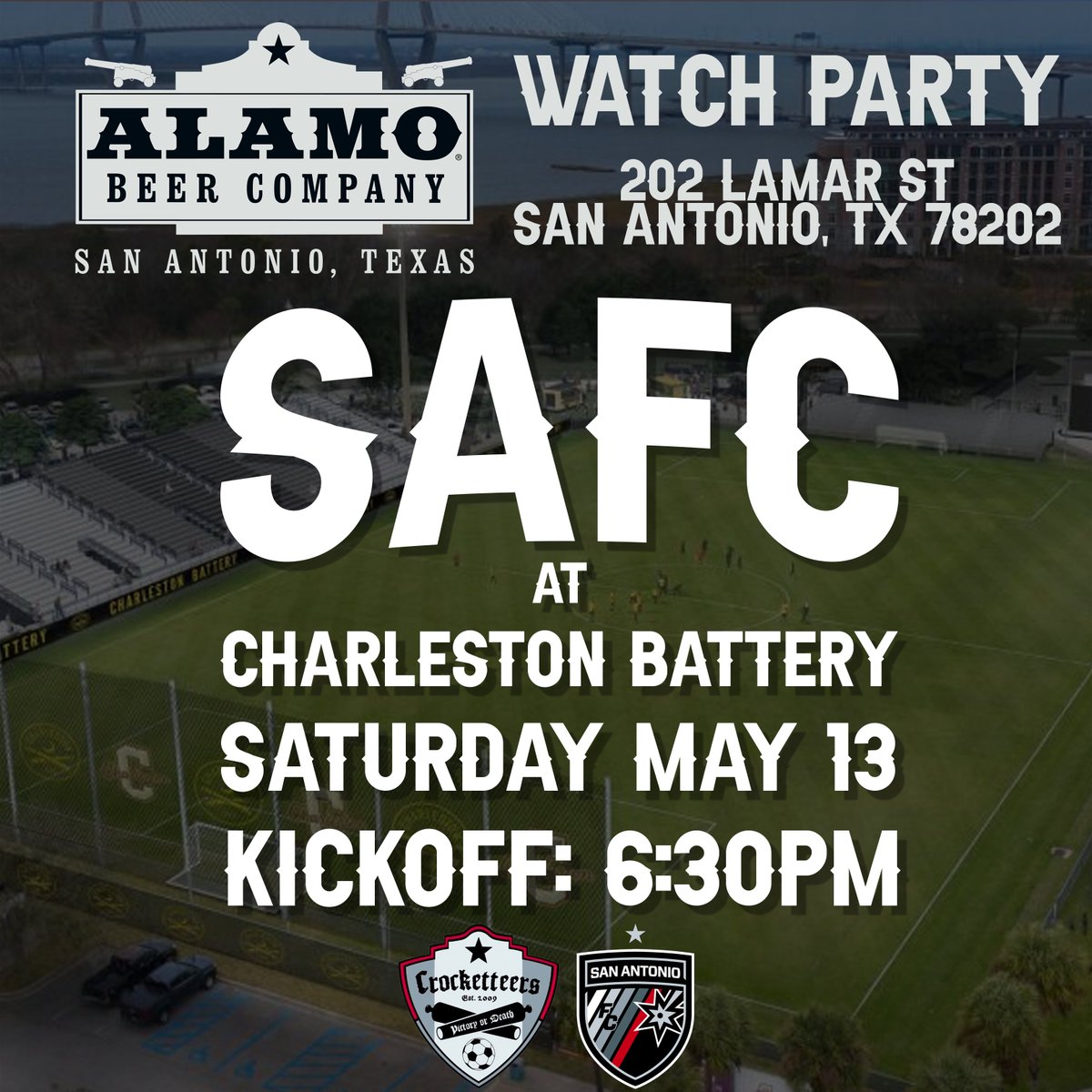 Crocketteers's tweet photo. Rain or shine--doesn't matter because our @SanAntonioFC Watch Party is indoors! Plenty of large TVs. Sound. Ask for a "train beer" while one goes by for a special discount. See you at @AlamoBeerHallSA! Kick off 6:30PM. https://t.co/LICeMkQhHs