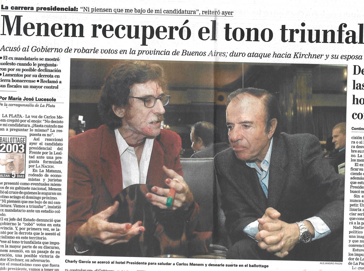 TintaOjo's tweet photo. #Hace20años #Politica
#En2003 aún con las encuestas dando un claro escenario a favor de #NestorKIrchner para el #Ballotage del 18 de mayo, ninguno de los dos candidatos menguaba su agenda. Así mientras #Menem se mostraba con Charly, el santacruceño se mostraba con #Bilardo. https://t.co/NciThf84s2