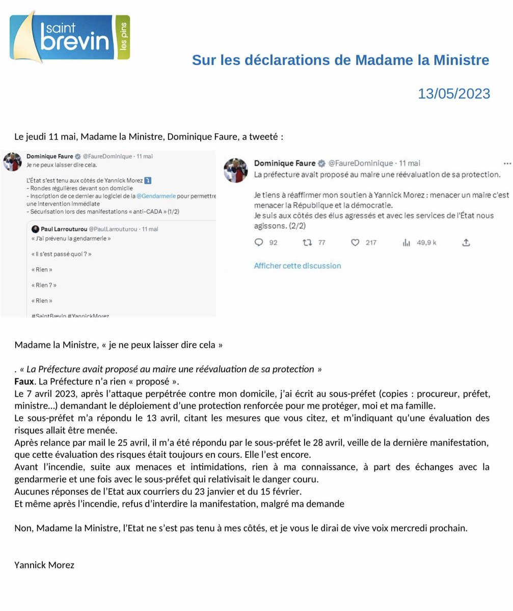 DamienDole's tweet photo. L'ancien maire de Saint-Brévin a posté ceci cet après-midi sur Facebook, à l'attention de la ministre Dominique Faure et du préfet. Avec cette conclusion : 

"Non, madame la ministre, l'Etat ne s'est pas tenu à mes côtés." https://t.co/WMkHAfplTb