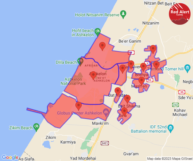 CumtaAlertsEng's tweet photo. Red Alert [13/05/2023]:

19:51:
Mishan, Bat Hadar, Ge'a, Ashkelon Southern Industrial Zone, Ashkelon - South, Beit Shikma, Berekhya, Ashkelon Northern Industrial Zone, Nir Israel, Hodaya, Ashkelon - North, Kfar Silver

Sent via @CumtaAlertsEng https://t.co/Y9hECqfS0o