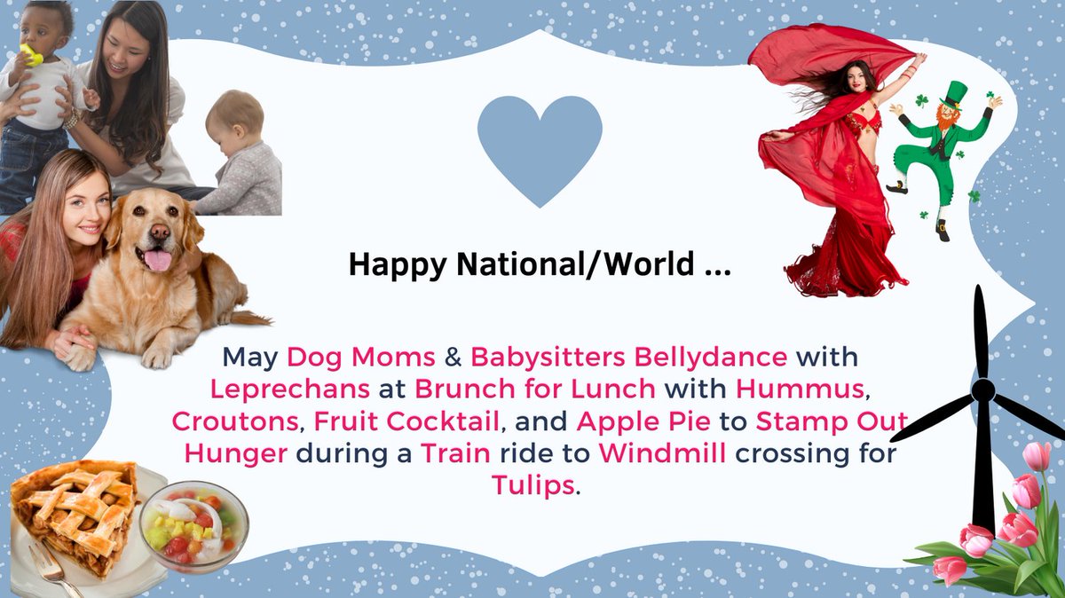 CHousing's tweet photo. Happy...Dog Mom’s Day, Babysitter’s Day, Bellydance Day, Leprechaun Day, Brunch for Lunch Day, Hummus Day, Apple Pie Day, Crouton Day, Fruit Cocktail Day, Stamp Out Hunger Day, Train Day, Windmill Day, &amp; Tulip Day! What a beautiful day!
#MCHA #corporatehousing https://t.co/6SuEtsynt2