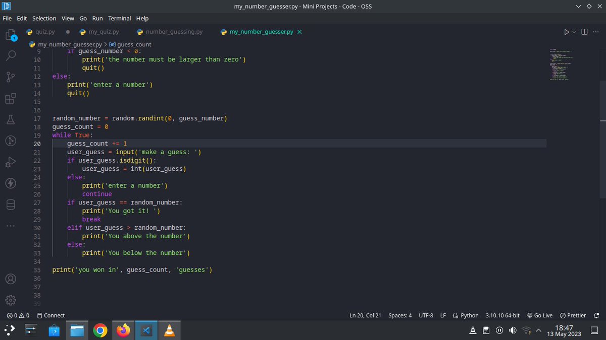 xxxineer's tweet image. Day 11 of 100 ✅️
Practiced some more python concepts by building a number guessing game, it was so much fun.
Repetition is the father of learning, the more you practice what you have learned the better you'll get.
#100DaysOfCode #100DaysOfCodepython #MachineLearning