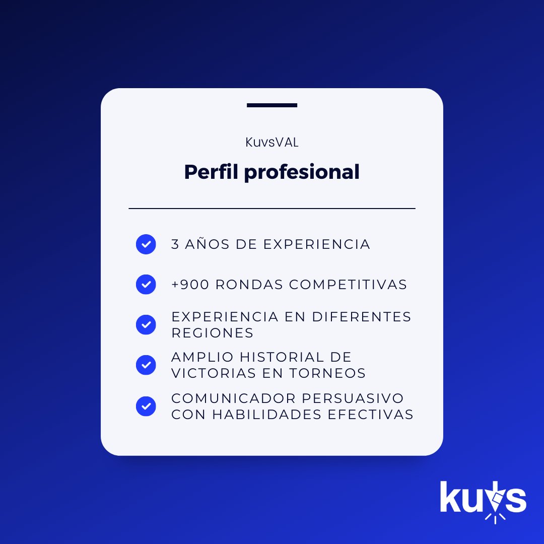 Quería compartirles que actualmente estoy F/A y en busca de nuevas oportunidades como coach de VALORANT. Si están buscando un perfil altamente motivado y comprometido con el éxito de su equipo y carrera por favor no duden en ponerse en contacto conmigo.