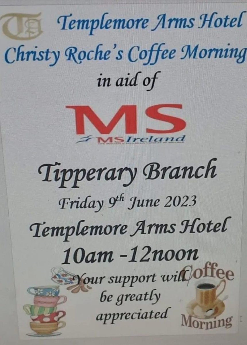 Christy Roche & the Templemore Arms will host a coffee morning from 10am-12pm, with lots of cakes buns 🧁 Please come along to support to raise funds for Multiple Sclerosis Society Tipperary Branch.  Friday 9th of June. Hope to see you there 🙏 #goodcauses