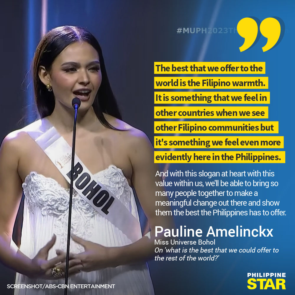 PhilippineStar's tweet photo. ‘THE BEST WE OFFER IS THE FILIPINO WARMTH’

Miss Universe Bohol Pauline Amelinckx highlighted the Filipino warmth as the best we can offer in the world during the final round of the Q&amp;A of #MissUniversePhilippines2023 on Saturday. https://t.co/xuvt6urhYO
