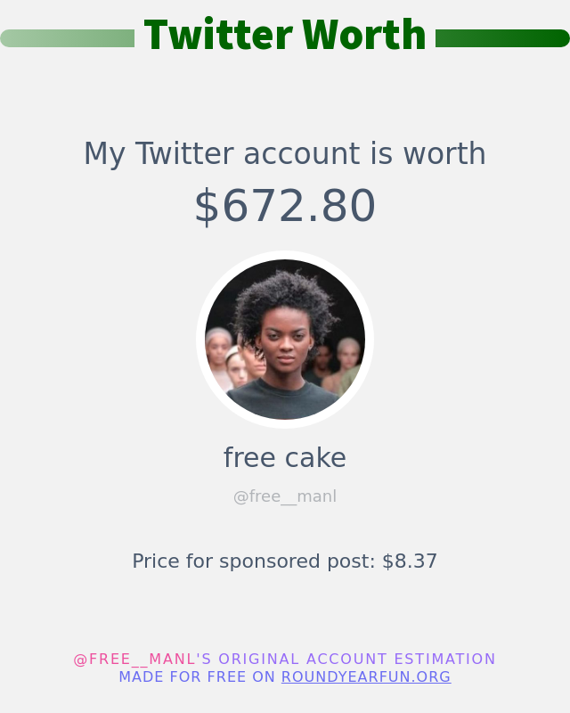 free__manl's tweet photo. My Twitter worth is: $672.80

➡️ https://t.co/xkOp654X95 https://t.co/l6viJAHYEI