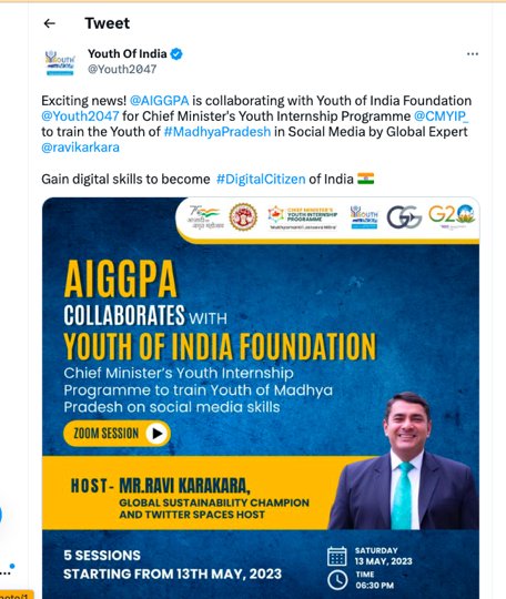 EXCITING NEWS! @AIGGPA is collaboration with Youth of India @Youth2047 for Chief Minister's @cmYouth Internship Programme @CMYIP_ to train the Youthw of #MeraMadhyaPradesh in social Media by Global Expert @ravikarkara 
Gain #TwitterSkills to become #DigitalCitizen @ChouhanShivraj