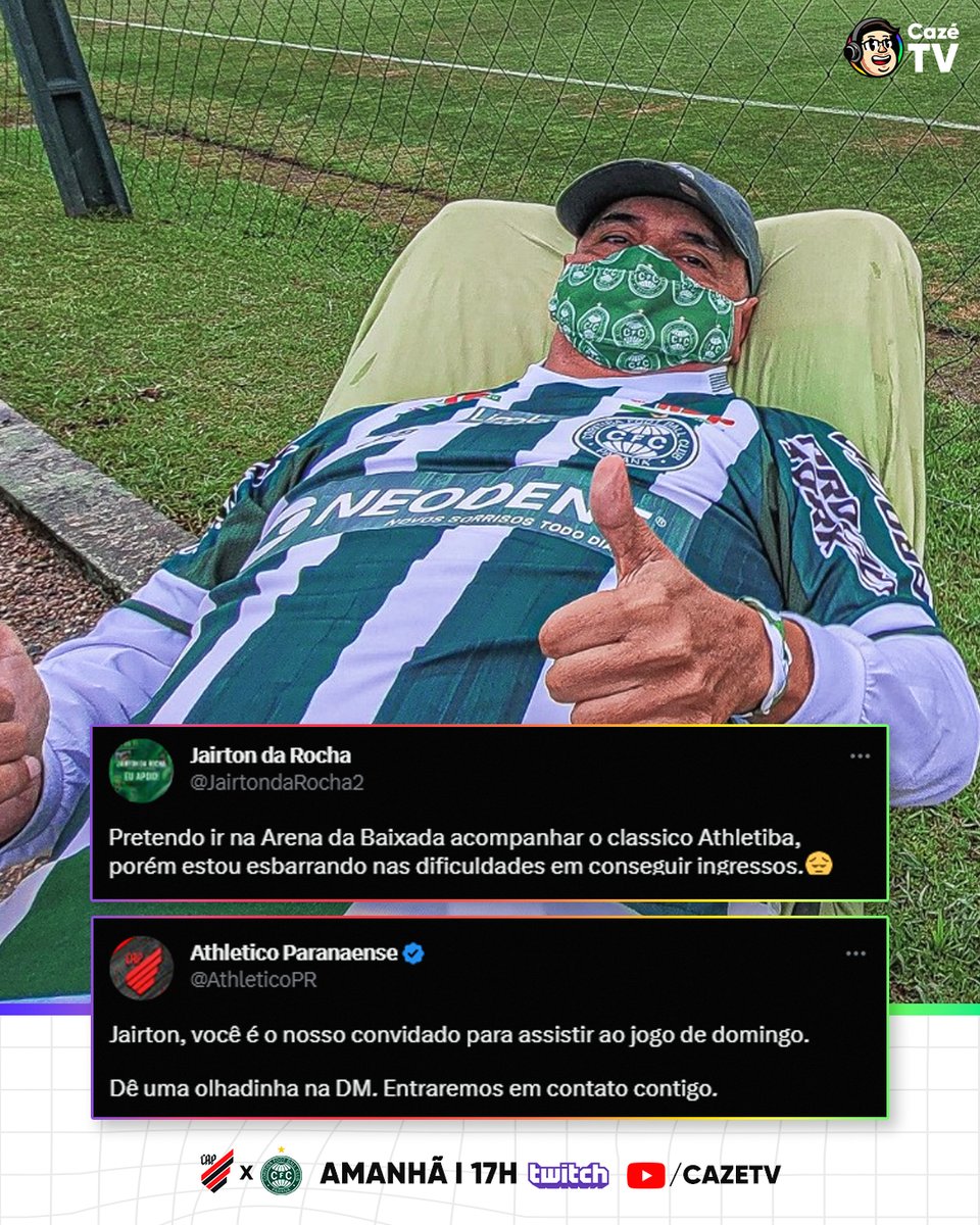 CazeTVOficial's tweet photo. UMA ATITUDE DO TAMANHO DO CLUBE! 👏👏👏

Sr. Jairton, torcedor símbolo do Coritiba, relatou dificuldades pra conseguir ingresso pro Athletiba. E o @AthleticoPR fez isso aí 🥹❤️ https://t.co/QCK1ZrHJrH