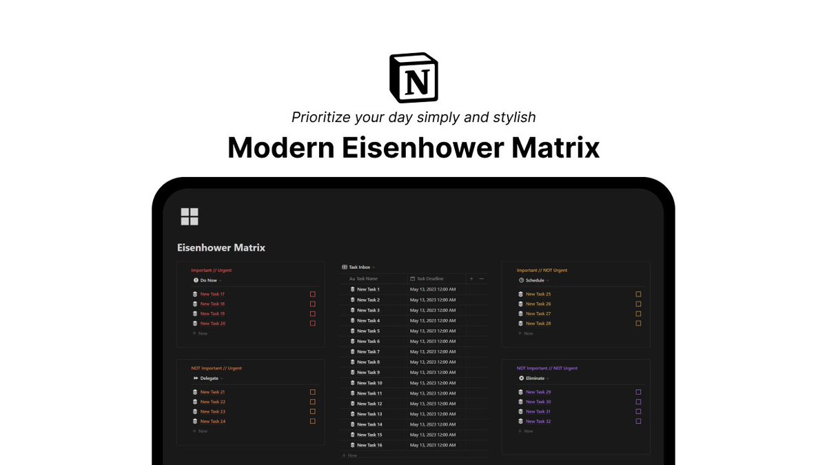 RifqiNotion's tweet photo. 🚀 TEMPLATE LAUNCH 🚀

I made a Notion template of clean modern-look Eisenhower Matrix to prioritize your day with style ✨

If you are the type who don't like complicated Notion template for your productivity, this is for you!

Reply 👋 and RT if you would like it for FREE 🎉 https://t.co/uZpx5cUqpa