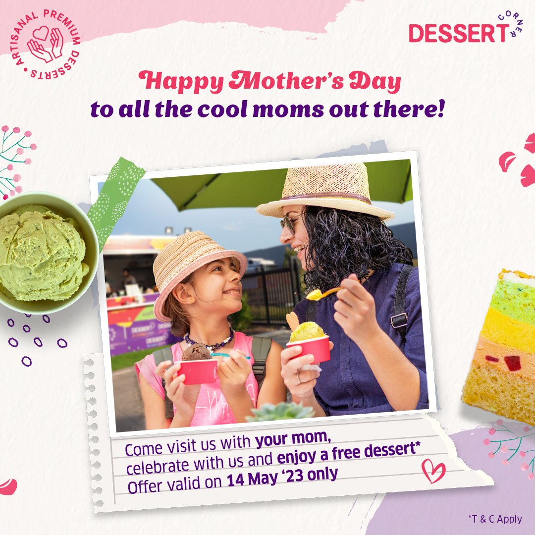 Treat your amazing mom to an unforgettable sweet experience this Mother's Day at Dessert Corner! Visit us on May 14th with your mom to enjoy a FREE dessert of your choice. #MothersDay #DessertCornerAU