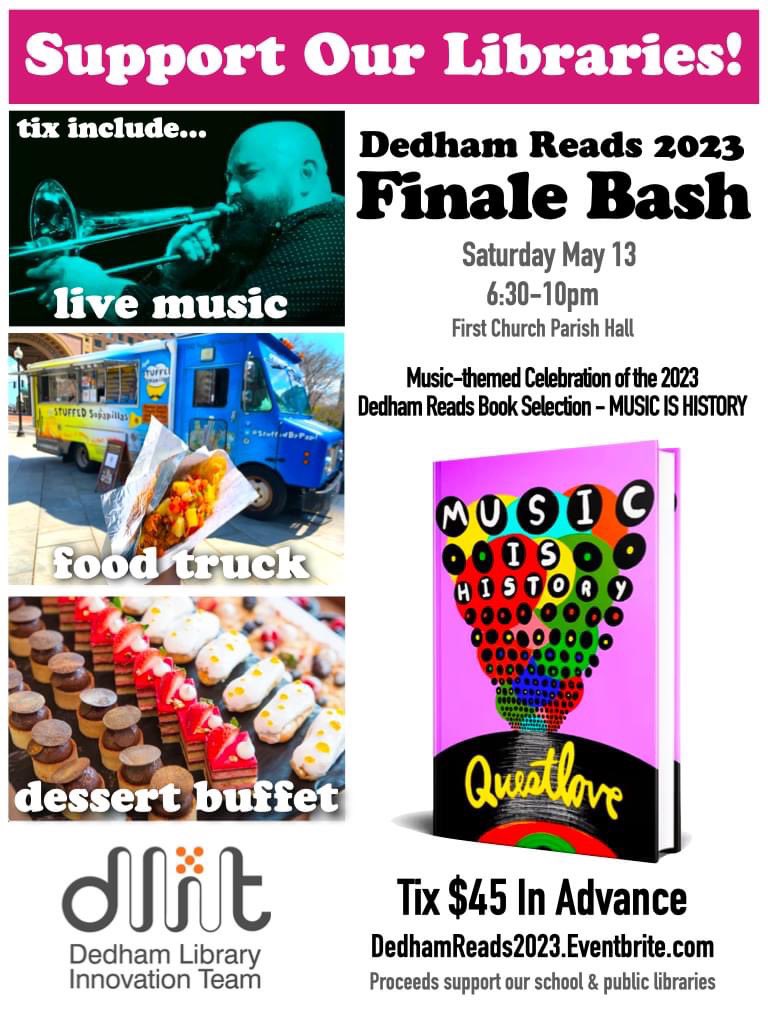 Tnx <a href="/NeedhamBank/">Needham Bank</a> @DedhamSavings <a href="/Wegmans/">Wegmans Food Markets</a> &amp; <a href="/Roche_Bros/">Roche Bros.</a> for your support of tonight's big DedhamReads Finale Bash! DedhamReads2023.eventbrite.com