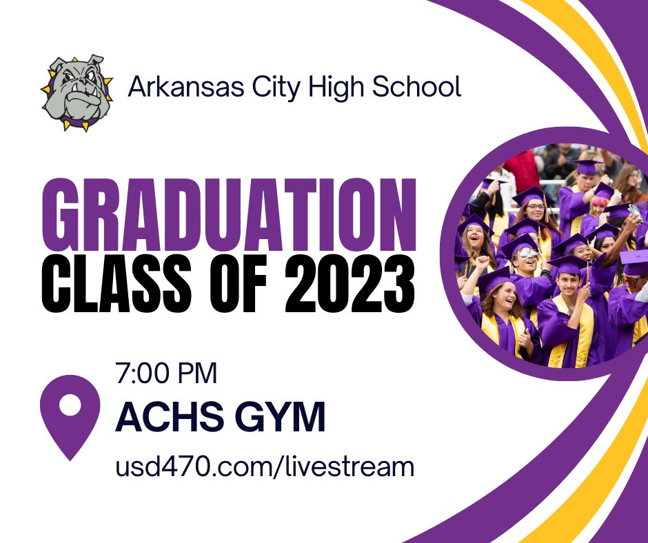 Ark City High School graduation is being moved indoors to the main gym. The ceremony will start at 7:00 PM and a livestream will be available at usd470.com/livestream.  Overflow seating and a livestream will be available in the auditorium for those without tickets